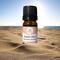 Bottle of Beach Vibes Essential Oil Blend on sandy beach in the bright sunshine with blurred ocean and blue sky in background.